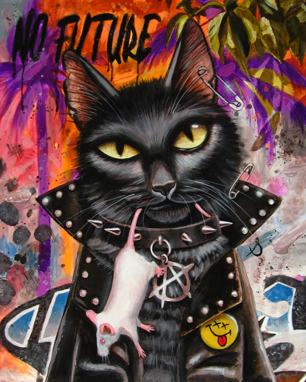 This feisty punk rock cat was painted using acrylics. He stands in front of a vibrant graffiti wall that says NO FUTURE. He holds a white mouse in his mouth. Around his neck, he wears a spiked collar with a silver anarchy pendant. He also wears a black leather jacket with a dead happy face pin on it. His ear has been pierced and has a safety pin instead of an earring. He gazes at the viewer with defiant yellow eyes. The painting has been signed with a cursive S, which is the signature of creature artist Sara Wagner.