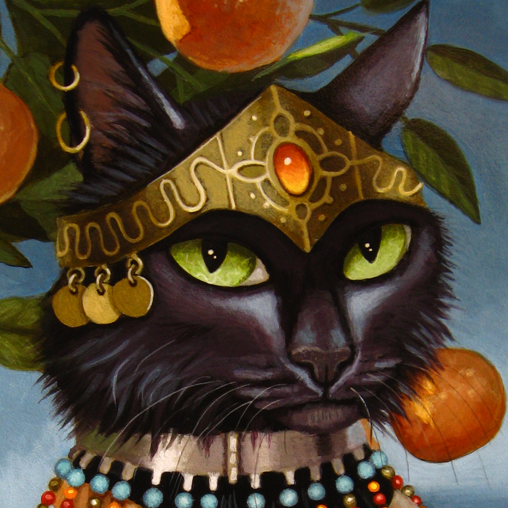 A traditional acrylic painting of a bejeweled black princess kitty. The painting is loosely inspired by the aesthetic of ancient Morocco. The kitty stands in front of a blue ocean. Dappled sunlight dances across her black fur, and even on the vibrant orange tangerines dangling from the tree above her. The painting is signed with a cursive S, which is the signature of creature artist Sara Wagner.