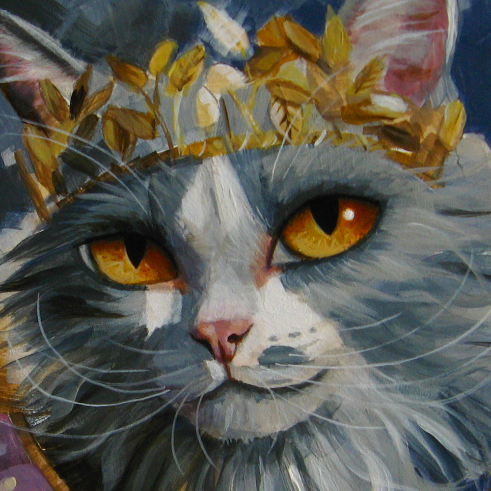 Imagine a world ruled by a magical, all-knowing cat. I painted this glorius gray and white feline with acrylics. She looks at you with gentle yellow eyes as if she knows something you don't know. On her head, she wears a gold leaf crown reminiscent of Roman nobility. This painting has been signed with a cursive S, the signature of creature artist Sara Wagner.