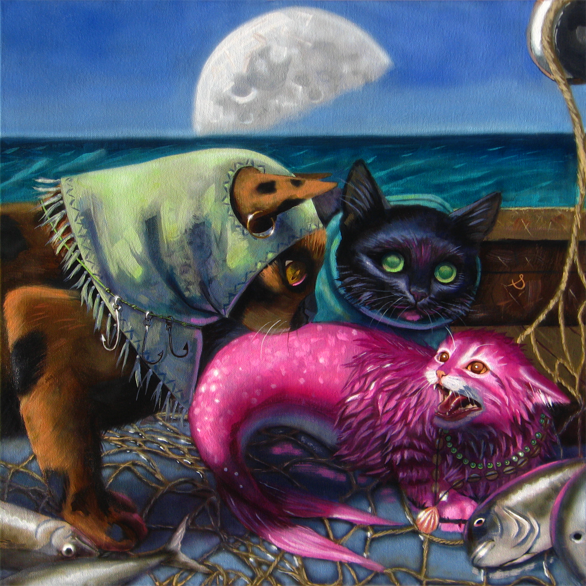 Whimsical fantasy painting of two fishing cats on a boat under a bright moon, pulling a vibrant pink mermaid kitten from the sea, with fishing nets, hooks, and ocean waves in the background — magical feline sea creature art by Brutal Sun.