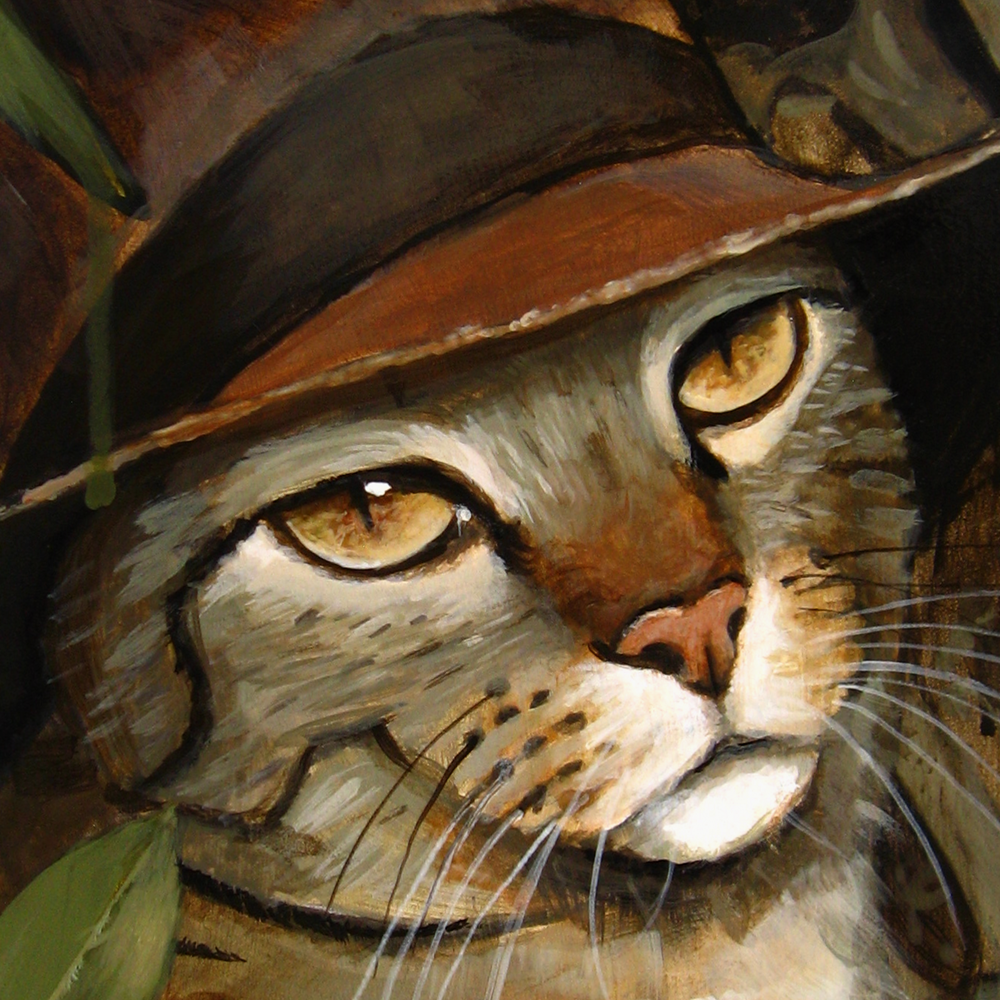 A traditional acrylic painting of a rugged tabby cat as Indiana Jones. The cat is near a jungle ruin surrounded by vines and green leaves.