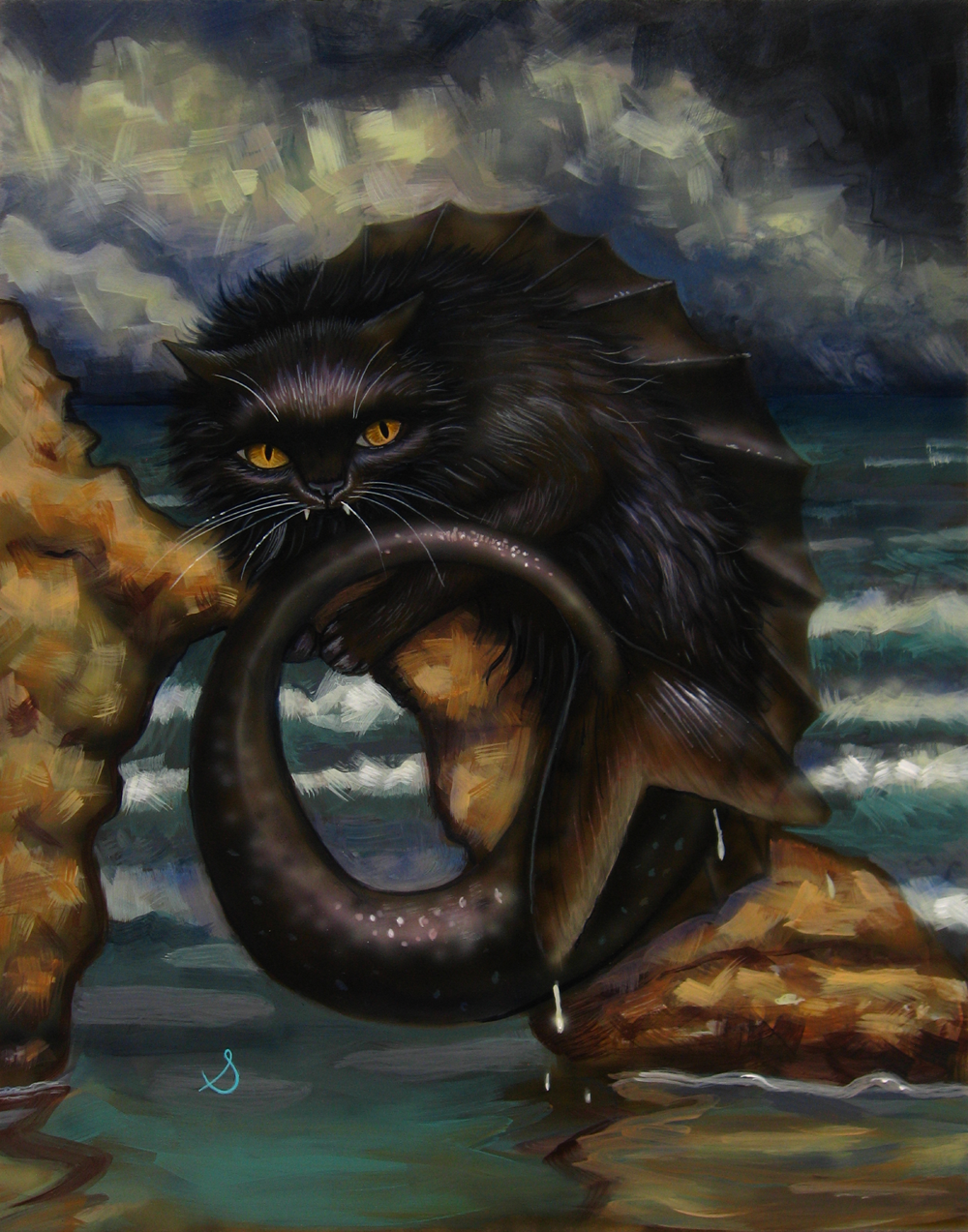 Fantasy painting of a black cat with golden eyes and a mermaid tail perched on coastal rocks under a stormy sky, with ocean waves and dramatic clouds in the background — whimsical sea creature cat art by Brutal Sun. This painting has been signed with a cursive S, which is the signature of traditional artist Sara Wagner.