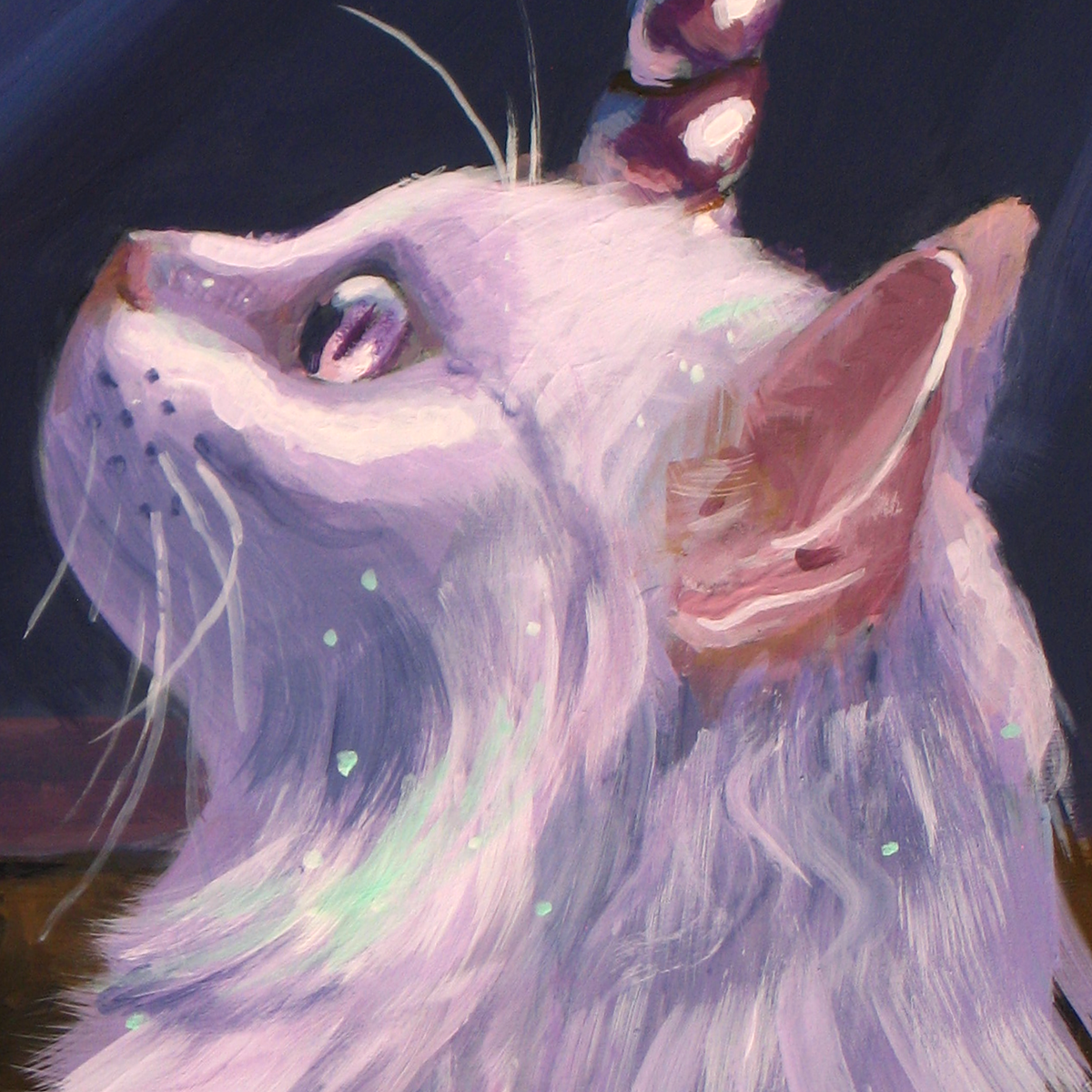 A traditional acrylic painting of a mystical unicorn cat looking up at a storm. She stands on a wide open, but dark grassland.