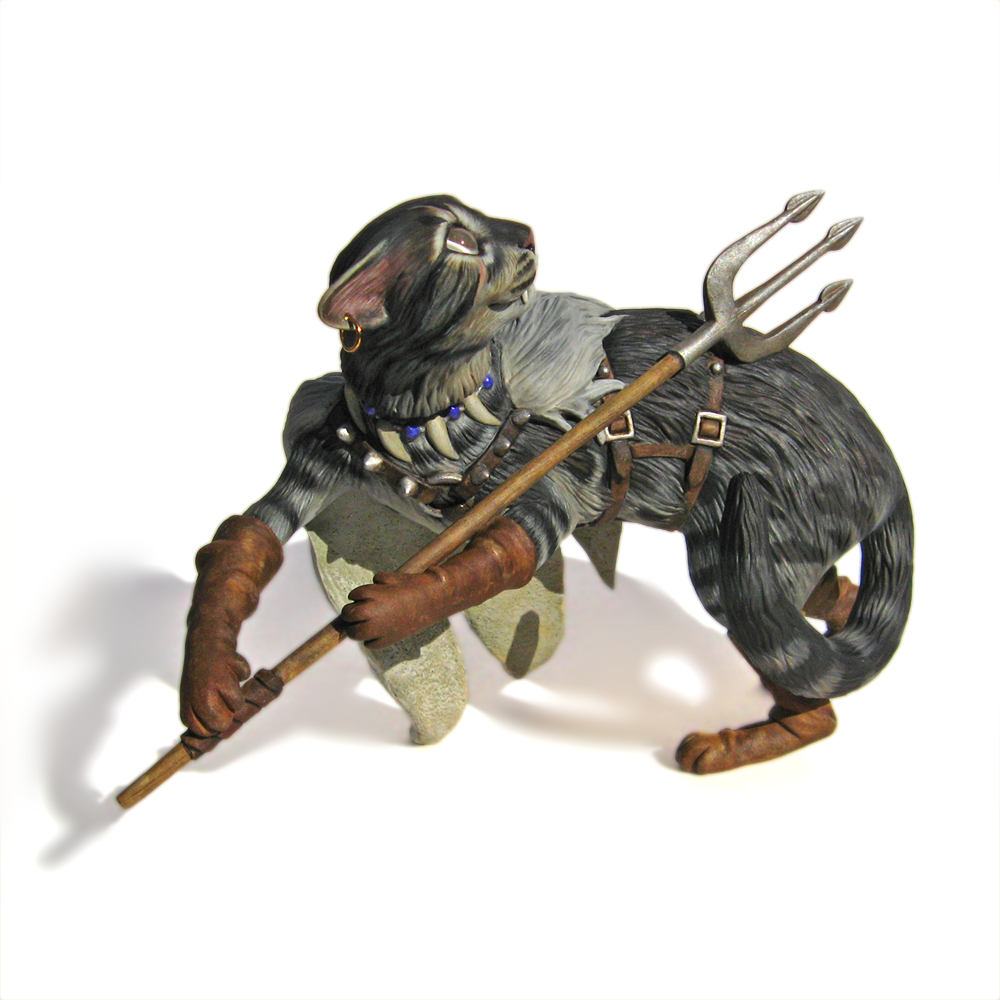 A fierce warrior cat figurine sculpted from polymer clay. He holds a large trident with his two front paws. Over his back, he wears a wolf fur cloak. He has worn leather gloves on all for of his paws. And a wolf tooth necklace around his neck. He also has spikes in his attire. He looks up with intense focus, as though about to thrust his trident into a foe. This bengal cat was loosely inspired by Geralt of Rivia. Though, instead of a monster hunter he is a wolf hunter.
